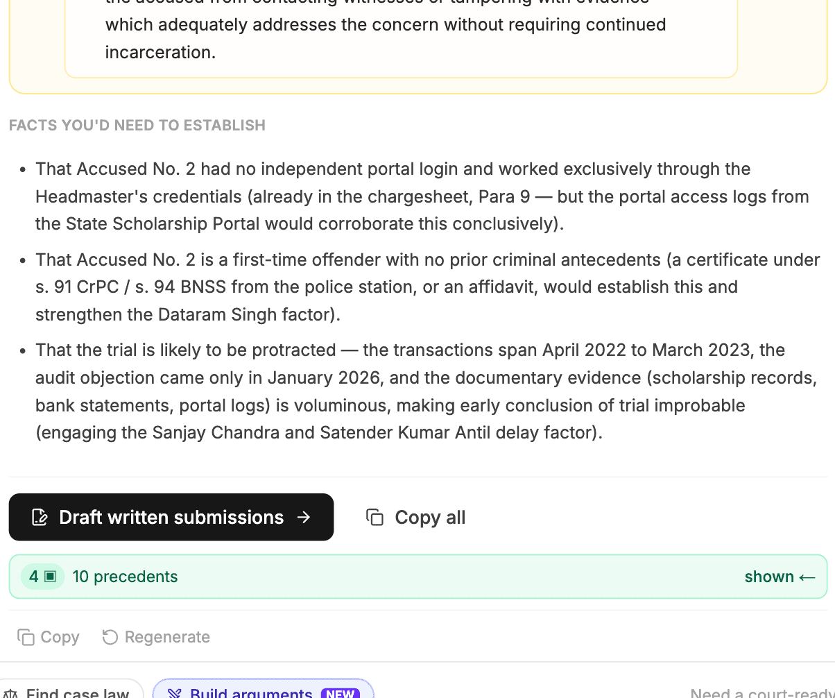 The end of a LexPilot argument brief: facts you'd need to establish, and a one-click 'Draft written submissions' button