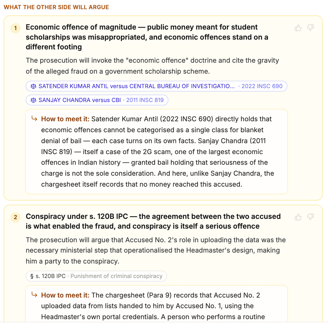 A LexPilot argument brief: what the other side will argue, the judgment behind each point, and how to meet it